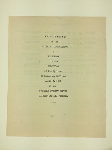 HT 57773, Program - Induction of Officers, Filipino Association of Melbourne, Fitzroy, 7 Apr 1962 (CULTURAL IDENTITY), Document, Registered