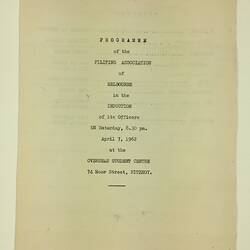 HT 57773, Program - Induction of Officers, Filipino Association of Melbourne, Fitzroy, 7 Apr 1962 (CULTURAL IDENTITY), Document, Registered