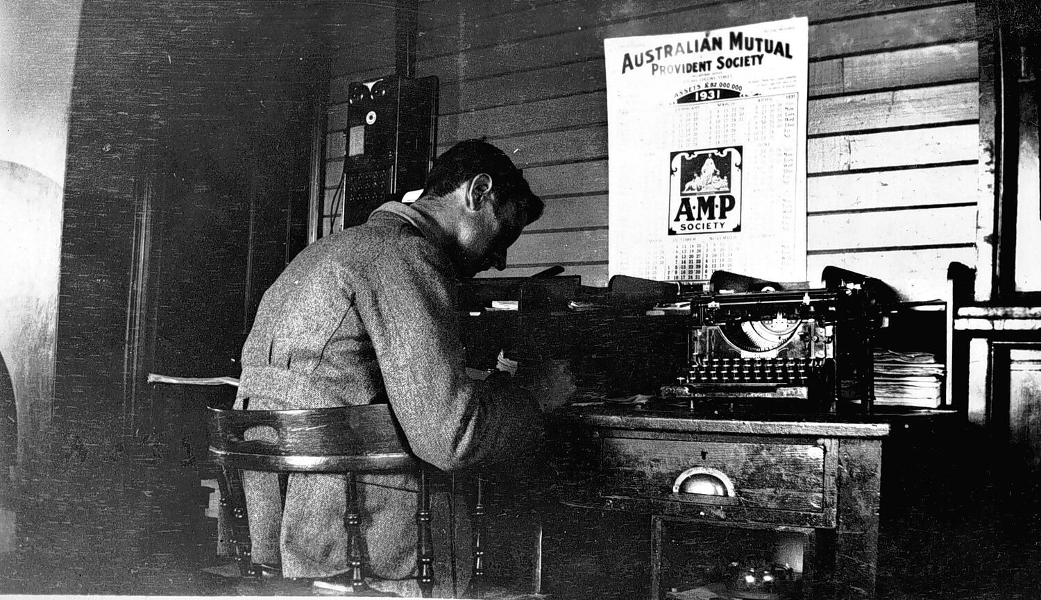 Negative Man at Typewriter in Office, Melbourne, Victoria, 1931