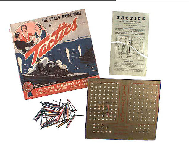 Perforated board game, box has people playing and battleship. Instruction sheet and coloured matchsticks.