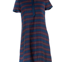 Dress - Prue Acton, Mini, Dark Blue & Pink Striped Wool Sateen, 1967