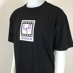 Black t-shirt with white square logo on front, on mannequin, three quarter view.