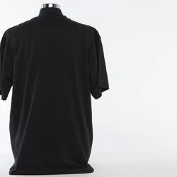 Black of back t-shirt on mannequin.