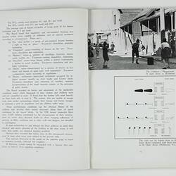 Open booklet with white pages and black printing. House on right page.