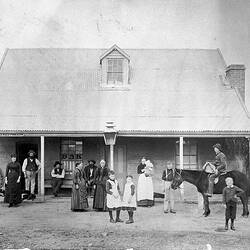 Negative - Group in front of the Oxley Hotel, Oxley, Victoria, circa 1885