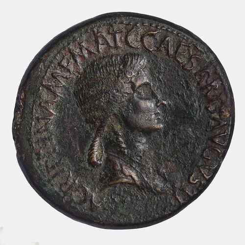 Round coin with draped female bust facing right. Text around.