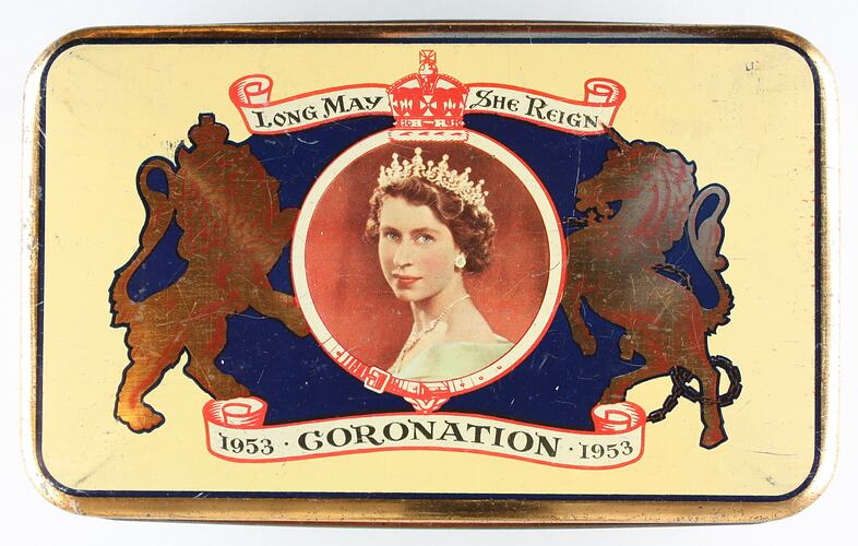 Yellow rectangular tin with portrait of woman wearing crown. Lions either side.