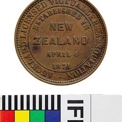 Token - 1 Penny, Auckland Licensed Victuallers Association, Auckland, New Zealand, 1871