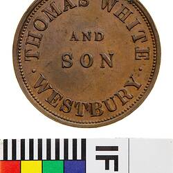 Mule Token - 1 Penny, Thomas White & Son, Grocers, Westbury, Tasmania, Australia, 1857