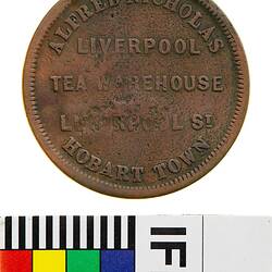 Token - 1 Penny, Alfred Nicholas, Liverpool Tea Warehouse, Hobart, Tasmania, Australia, circa 1854