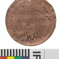 Surcharged Token -  'H.G.' on 1 Penny, E. De Carle & Co, Grocers & Spirit Merchants, Melbourne & Plenty, Victoria, Australia, circa 1853