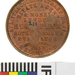 Surcharged Token - 1 Penny, Hugh Peck, Estate Agent & Money Lender, Melbourne, Victoria, circa 1862, T.R. & E R, Australia