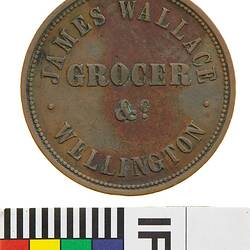 Token - 1 Penny, James Wallace, Grocer, Wellington, New Zealand, 1859