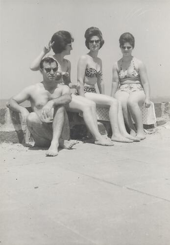 Digital Photograph - Three Women & Man on Sea Wall, Albert Park Beach, late 1950s