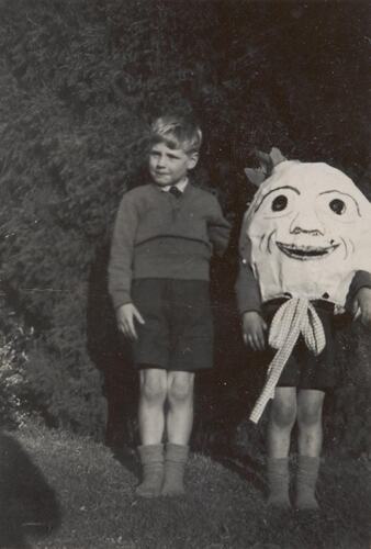 Digital Photograph - Boy in Humpty Dumpty Costume, with brother, for Kew Fete, 1954
