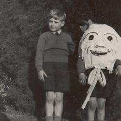 Digital Photograph - Boy in Humpty Dumpty Costume, with brother, for Kew Fete, 1954
