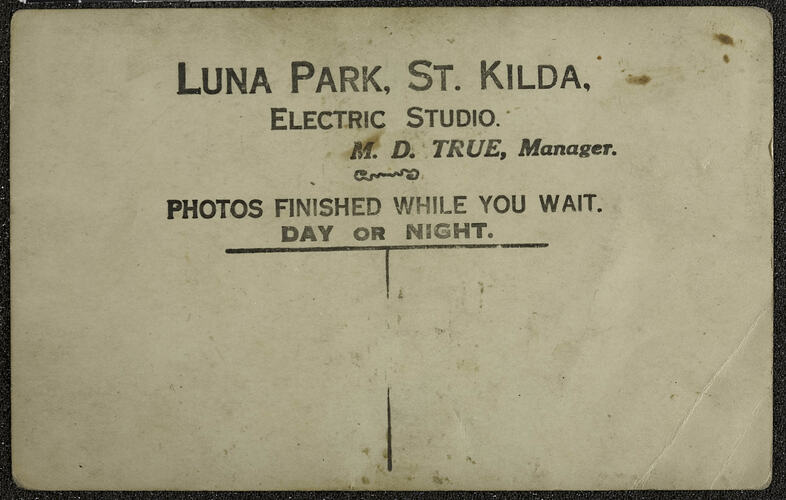 Digital Photograph - Verso of 'Electric Studio' Airplane Photo Booth, Luna Park, St Kilda Photograph, circa 1930