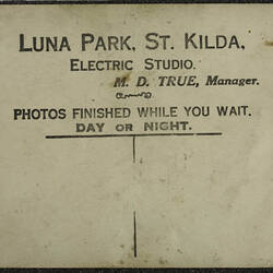 Digital Photograph - Verso of 'Electric Studio' Airplane Photo Booth, Luna Park, St Kilda Photograph, circa 1930