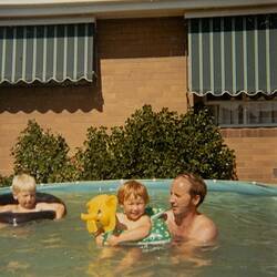 Digital Photograph - Man & Two Boys in Pool, Gladstone Park, 1972