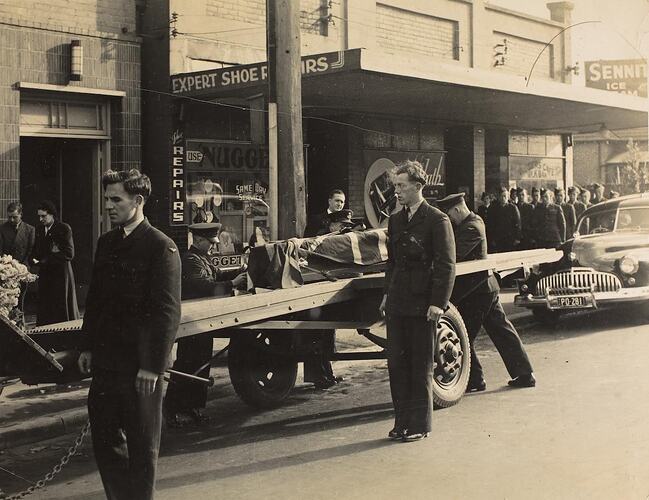 Digital Photograph - Coffin Being Carried by Gun Carriage for Military Funeral, Yarraville, 1950
