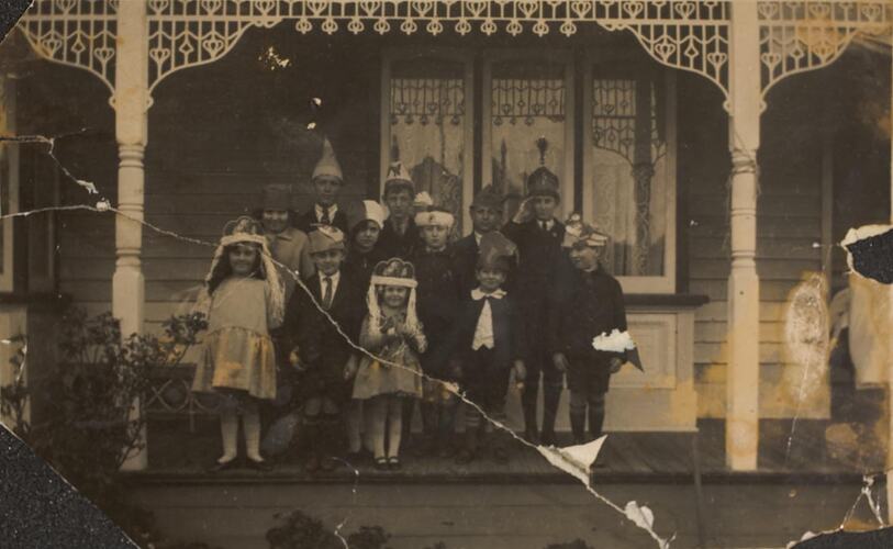 Digital Photograph - 12 Children in Party Hats, Celebrating Girl's 4th Birthday, Front Verandah, Essendon, 1926