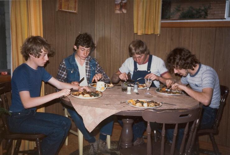 Digital Photograph - Four Boys Eating Dinner in Family Room, Strathmore, 1985