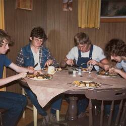 Digital Photograph - Four Boys Eating Dinner in Family Room, Strathmore, 1985