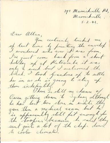 Page - Letter, Doreen to Allan, Personal, 5 Feb 1942