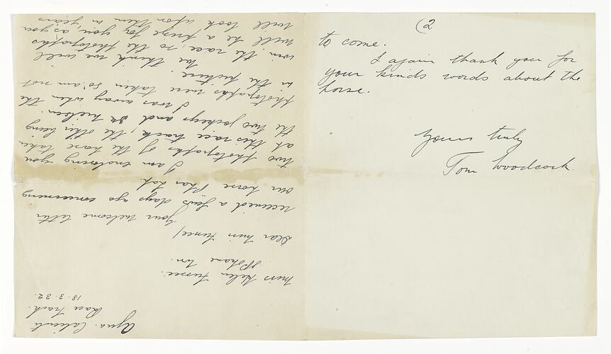 Personal Letter, Tom Woodcock to Miss Helen Fussee, 18 March 1932