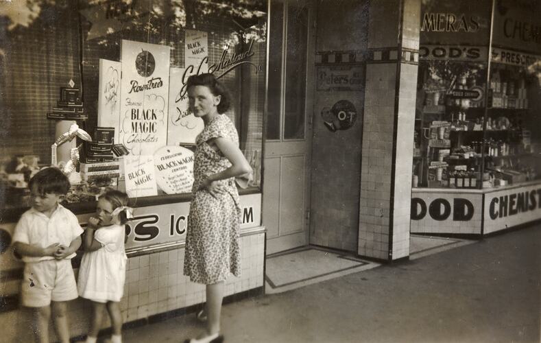 Mother, Boy & Girl Looking in Milk Bar Front Windows, Moonee Ponds, 1949