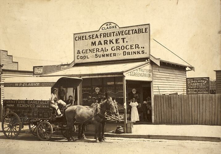 Staff & Family with Delivery Cart, Outside WP Clarke Grocery Store & Removal Business, Chelsea, 1920-1921