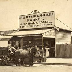 Digital Photograph - Staff & Family with Delivery Cart, Outside WP Clarke Grocery Store & Removal Business, Chelsea, 1920-1921