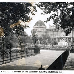 Postcard - 'A Glimpse of the Exhibition Building', Southern Facade & Hochgurtel Fountain, Exhibition Building, Rose Series, Melbourne, circa 1930
