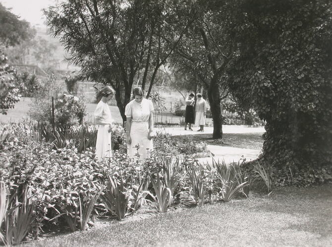 Photograph - Four Female Staff Standing in the Gardens, Kodak Factory, Abbotsford, early 1940s