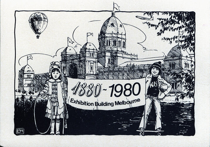 Postcard - Sketch of the Royal Exhibition Building & Centenary Celebrations, Honey Clarke, Melbourne, 1980