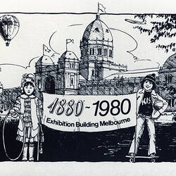 Postcard - Sketch of the Royal Exhibition Building & Centenary Celebrations, Honey Clarke, Melbourne, 1980