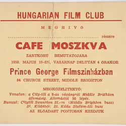 Invitation - Hungarian Film Club, Cafe Moszkva, 1959