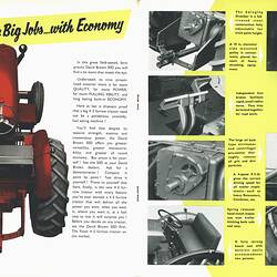Printed page with pictures of tractor parts and a red tractor.