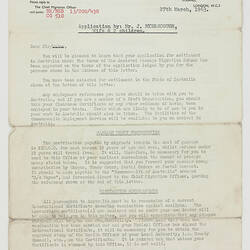 Letter - Settlement Application Approval, Myerscough,1963