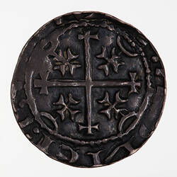 Coin, round, a cross crosslet with a cross pattee connected by an arc to an inner beaded circle in each arm.