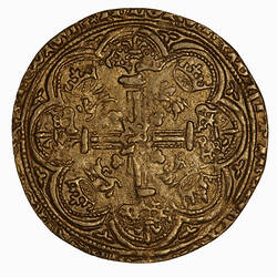 Coin, round, floriated cross with lis at the end of each arm; in each angle a lion passant.