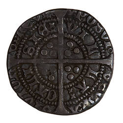Coin, round, long cross pattee dividing legend; text around in two concentric circles.