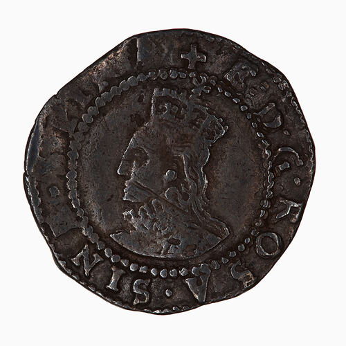 Coin, round, Crowned bust of the queen facing left in ruff and embroided dress; behind, 2 pellets; text around