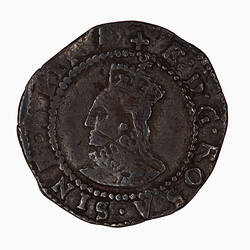 Coin, round, Crowned bust of the queen facing left in ruff and embroided dress; behind, 2 pellets; text around