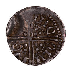 Coin, round, long cross voided which breaks through a beaded circle, a quatrefoil in each angle; text around.