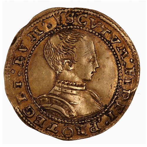 Coin, round, Bust of the King, head bare wearing armour, facing right within a circle of beads; text around.