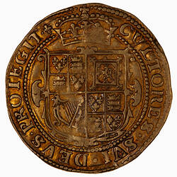 Coin, round, Crowned and garnished square-topped shield quartered with combined arms of England and France.