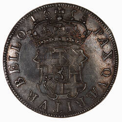 Pattern Coin, round, Crowned shield quartered with the cross of St George, St. Andrew and Irish harp.