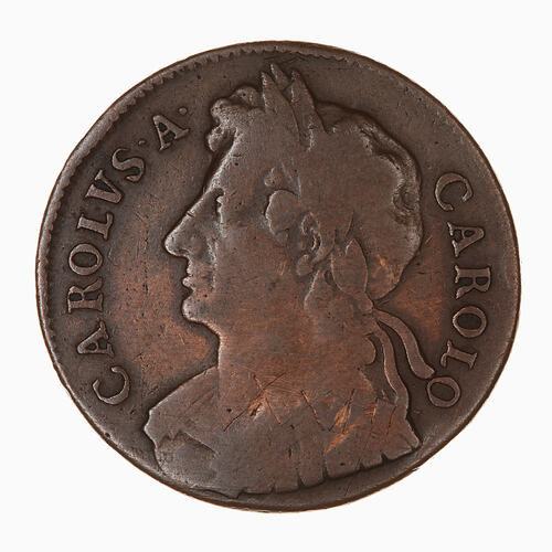 Coin - Halfpenny, Charles II, Great Britain, 1673 (Obverse)