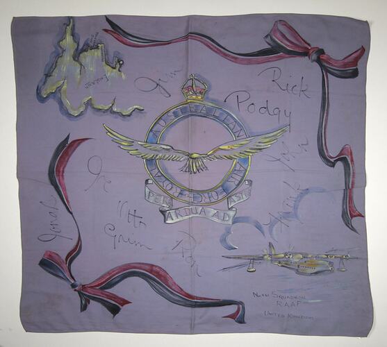 Lilac handpainted scarf with RAAF Sunderland and badge. In centre emblem of The Royal Australian Air Force wit